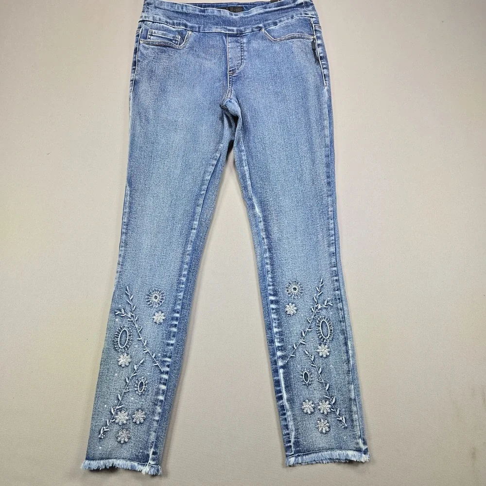 GG Jeans Ankle Pants Floral Embroidered Sequin Light Wash Blue Women Size 8 - Picture 1 of 15